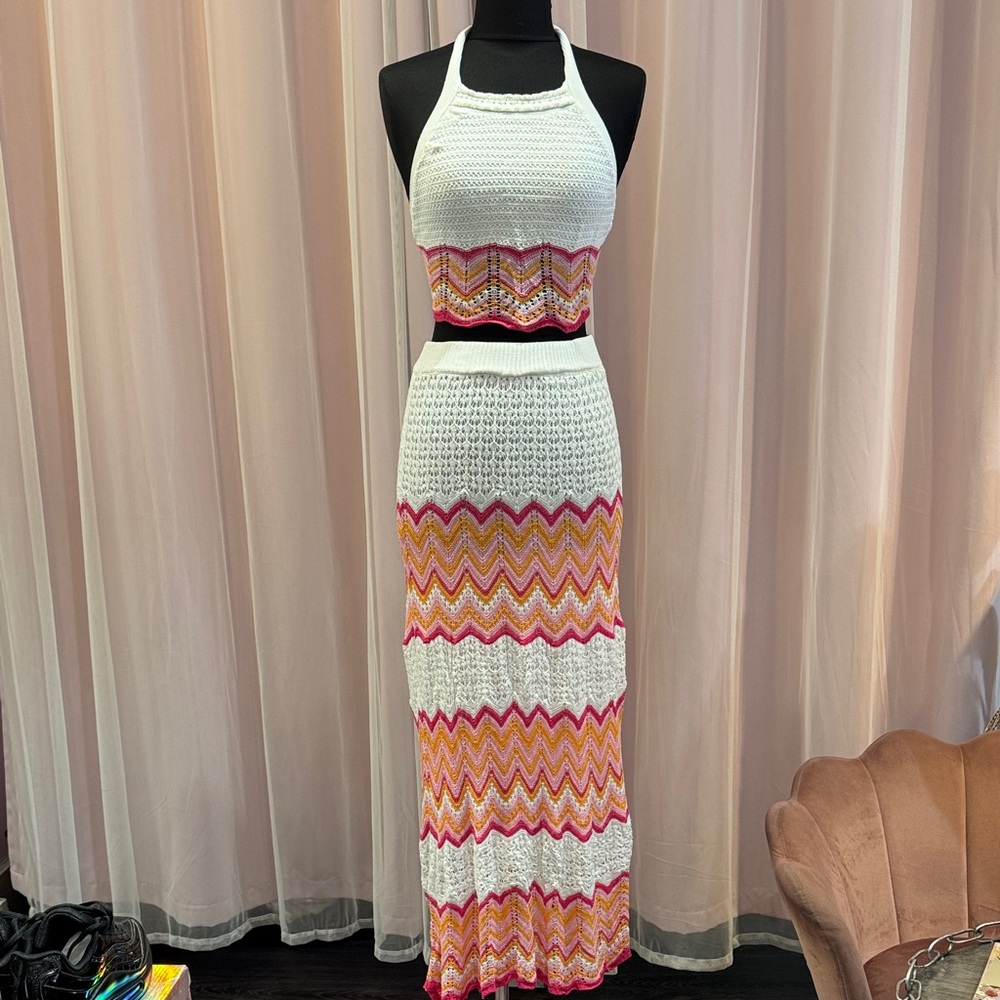 White and Pink Chevron Knit Crochet Skirt Set